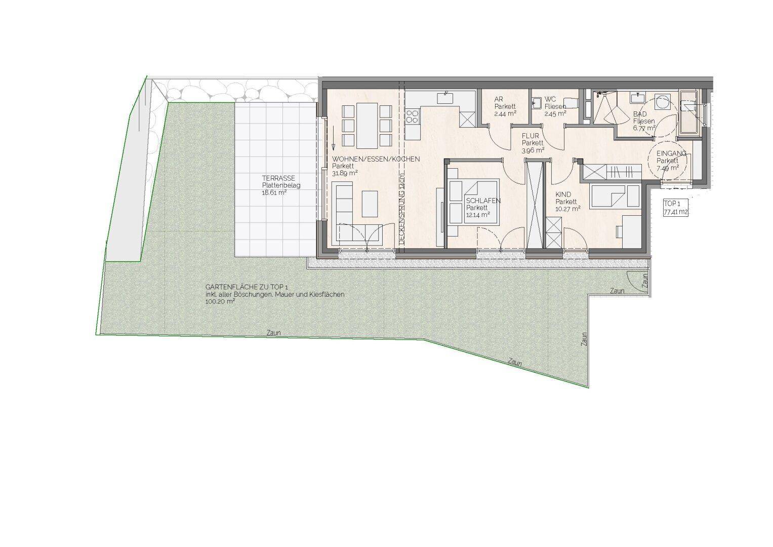 Detaillierter Grundriss einer Erdgeschosswohnung mit Terrasse, Garten und offenem Wohn-Essbereich, inklusive Bädern.
