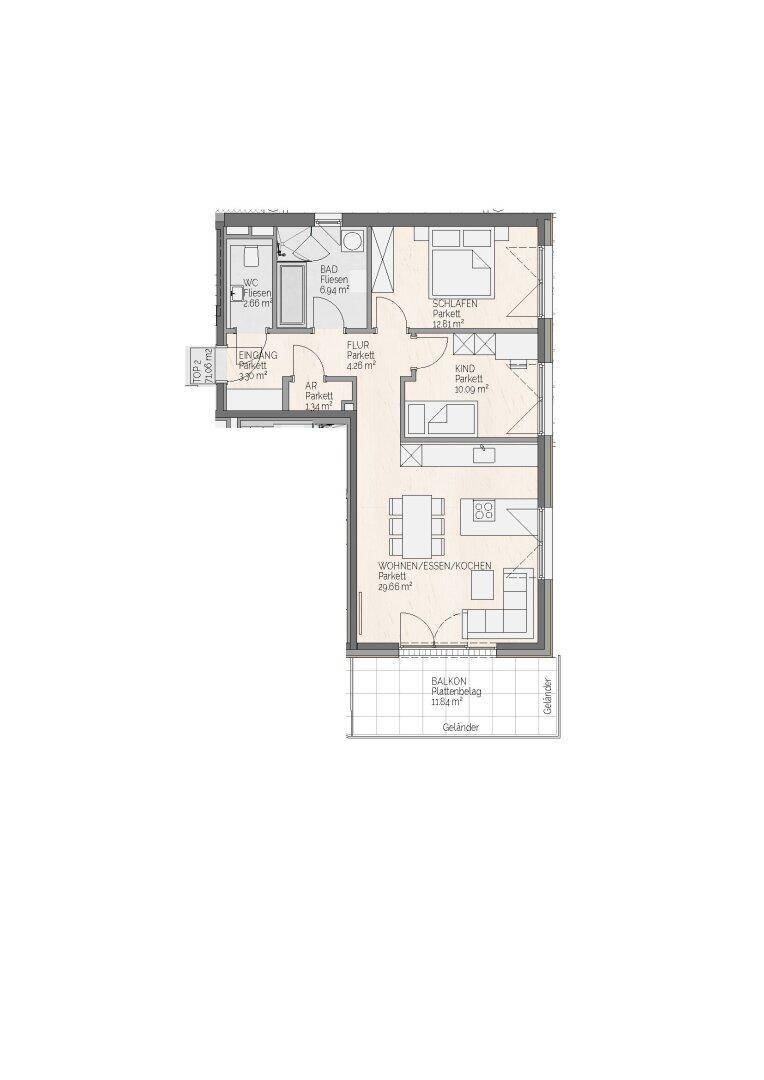Grundriss einer Wohnung mit offenem Wohnbereich, zwei Schlafzimmern und Balkon.