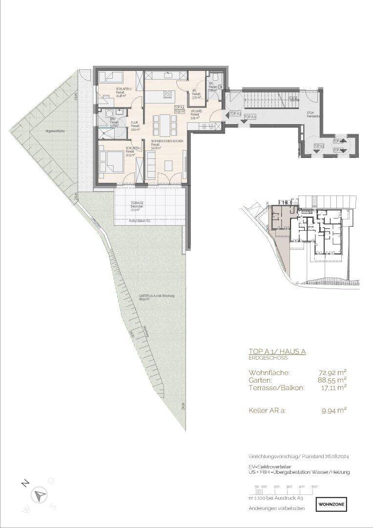 Detaillierter Grundriss einer Wohneinheit mit offenem Wohnbereich, zwei Bädern, Terrasse und Garten.
