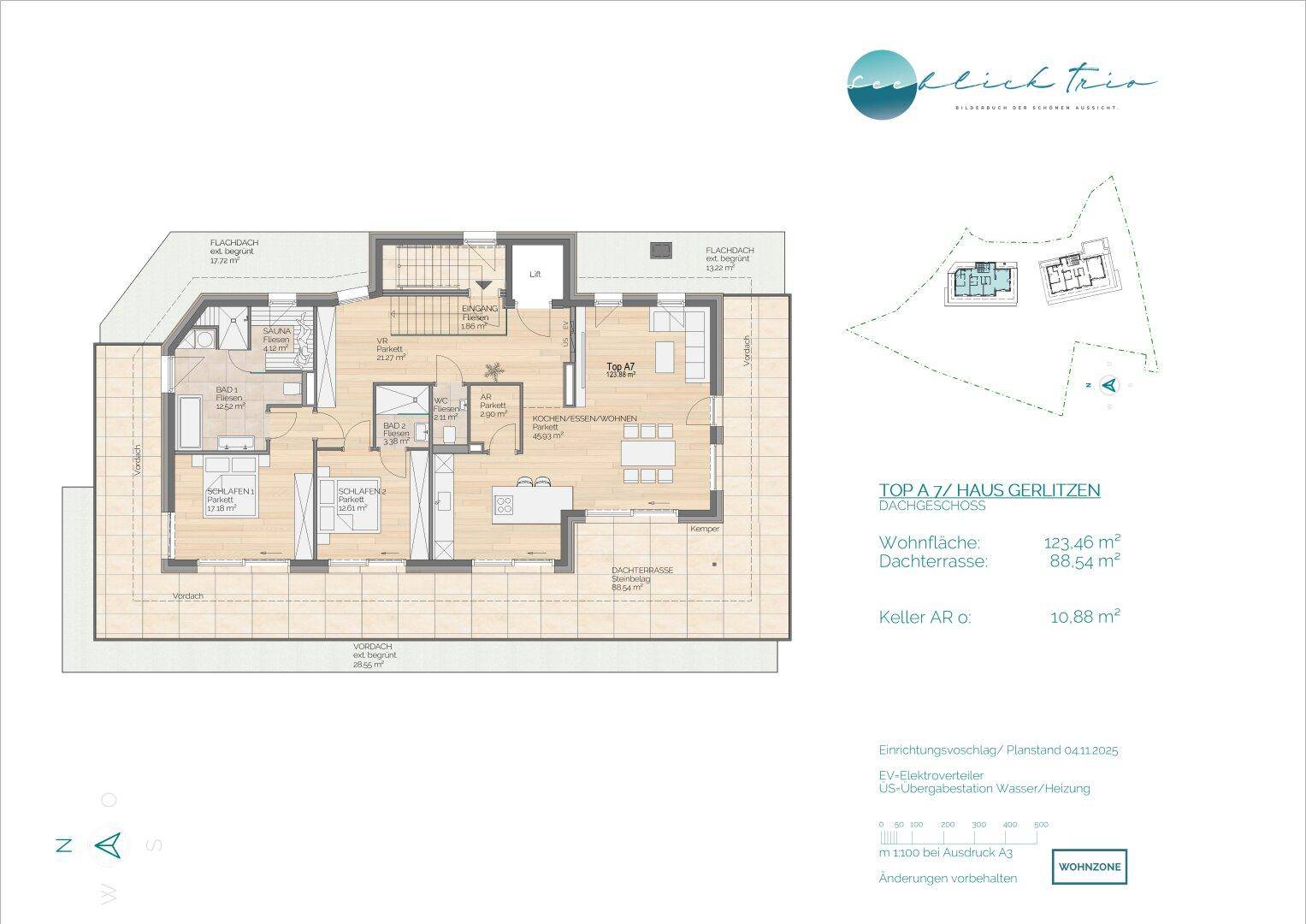 Grundriss einer Dachgeschosswohnung mit offenem Wohnbereich, zwei Bädern und großer Dachterrasse.