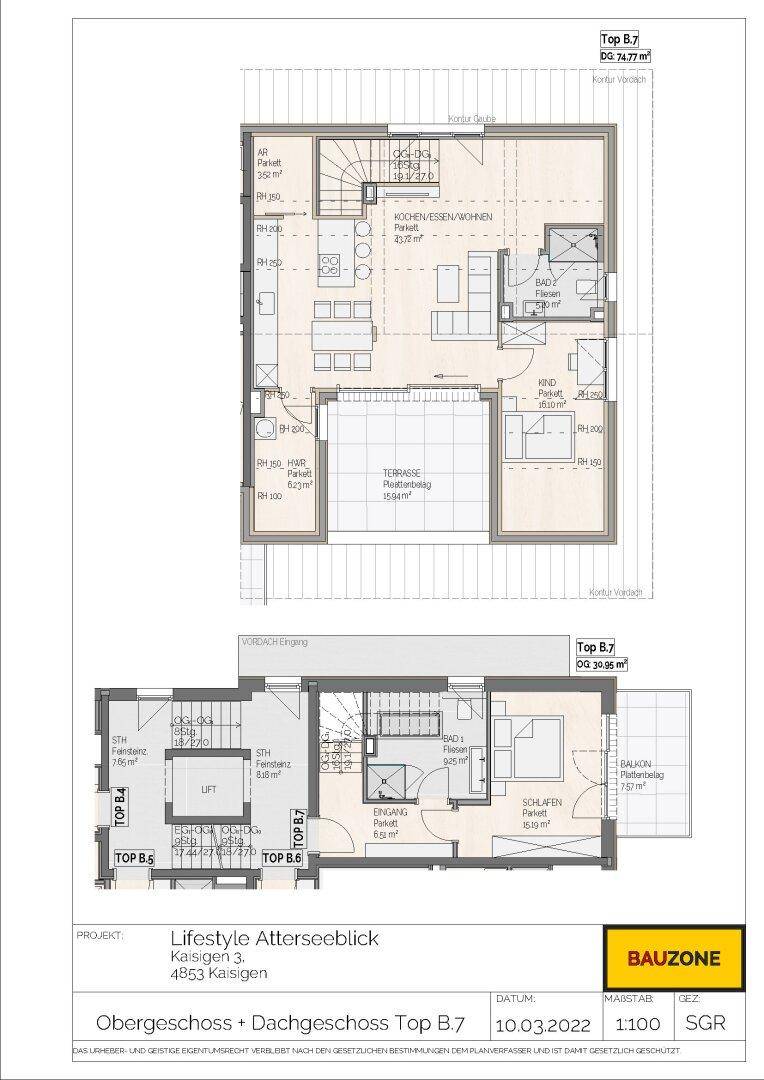 Grundriss für Top B.7 im Ober- und Dachgeschoss mit offenem Wohnbereich und Terrasse.