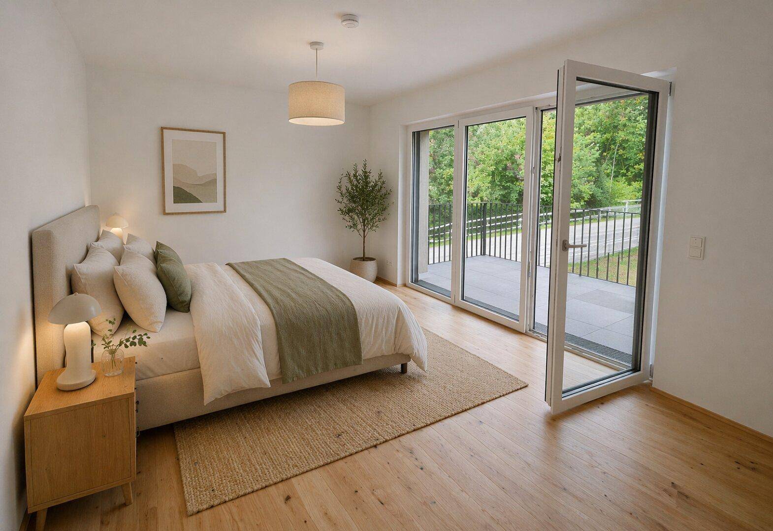 Helles Schlafzimmer mit Holzboden und Zugang zu einem Balkon mit Blick ins Grüne.