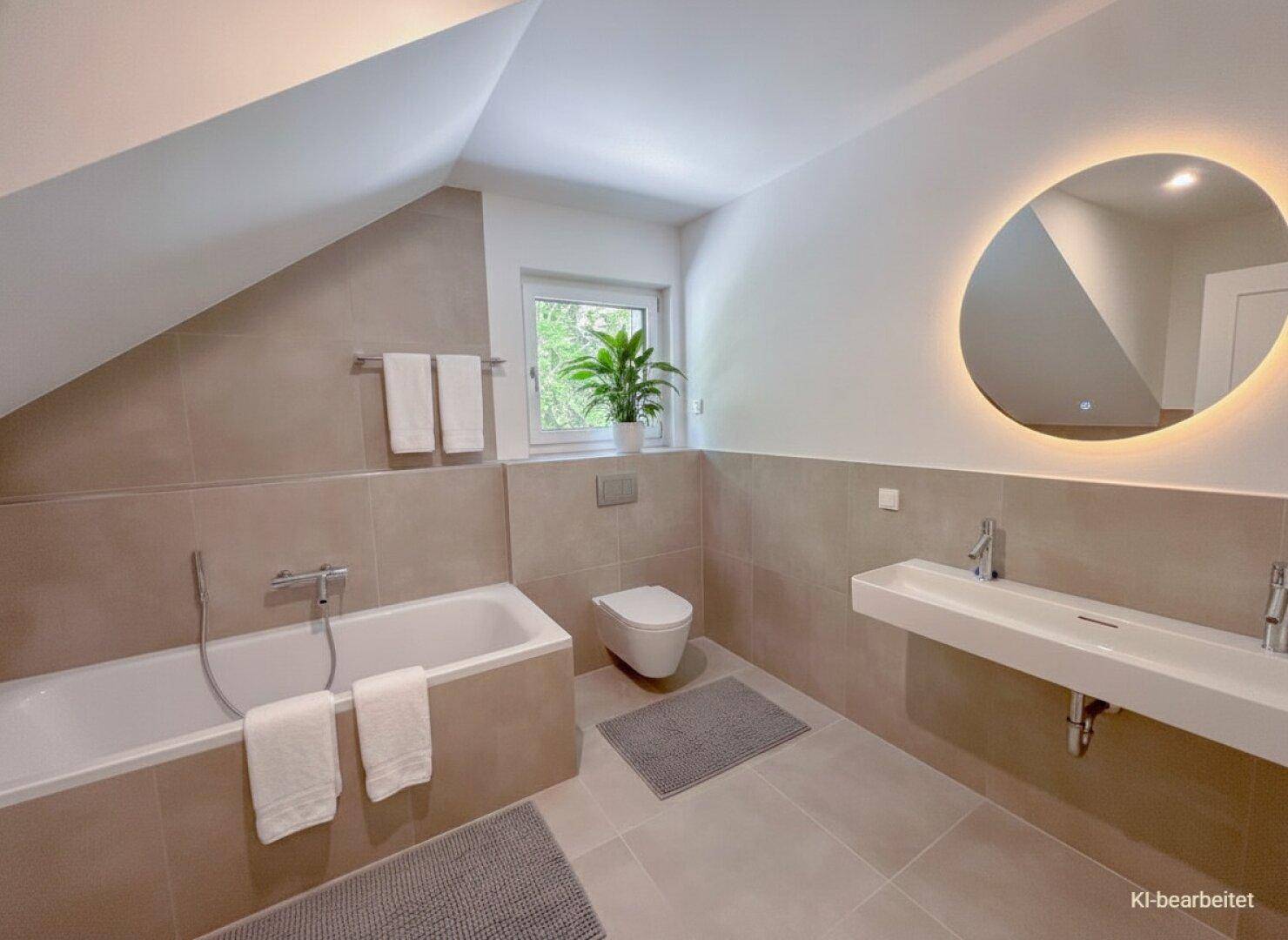 Modernes Badezimmer mit Badewanne, Doppelwaschbecken und beleuchtetem Spiegel unter Dachschräge.