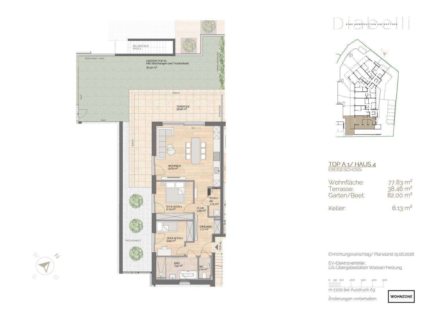 Grundriss des Erdgeschosses mit offenem Wohnbereich, zwei Schlafzimmern, Bad, separatem WC, großer Terrasse und Garten.