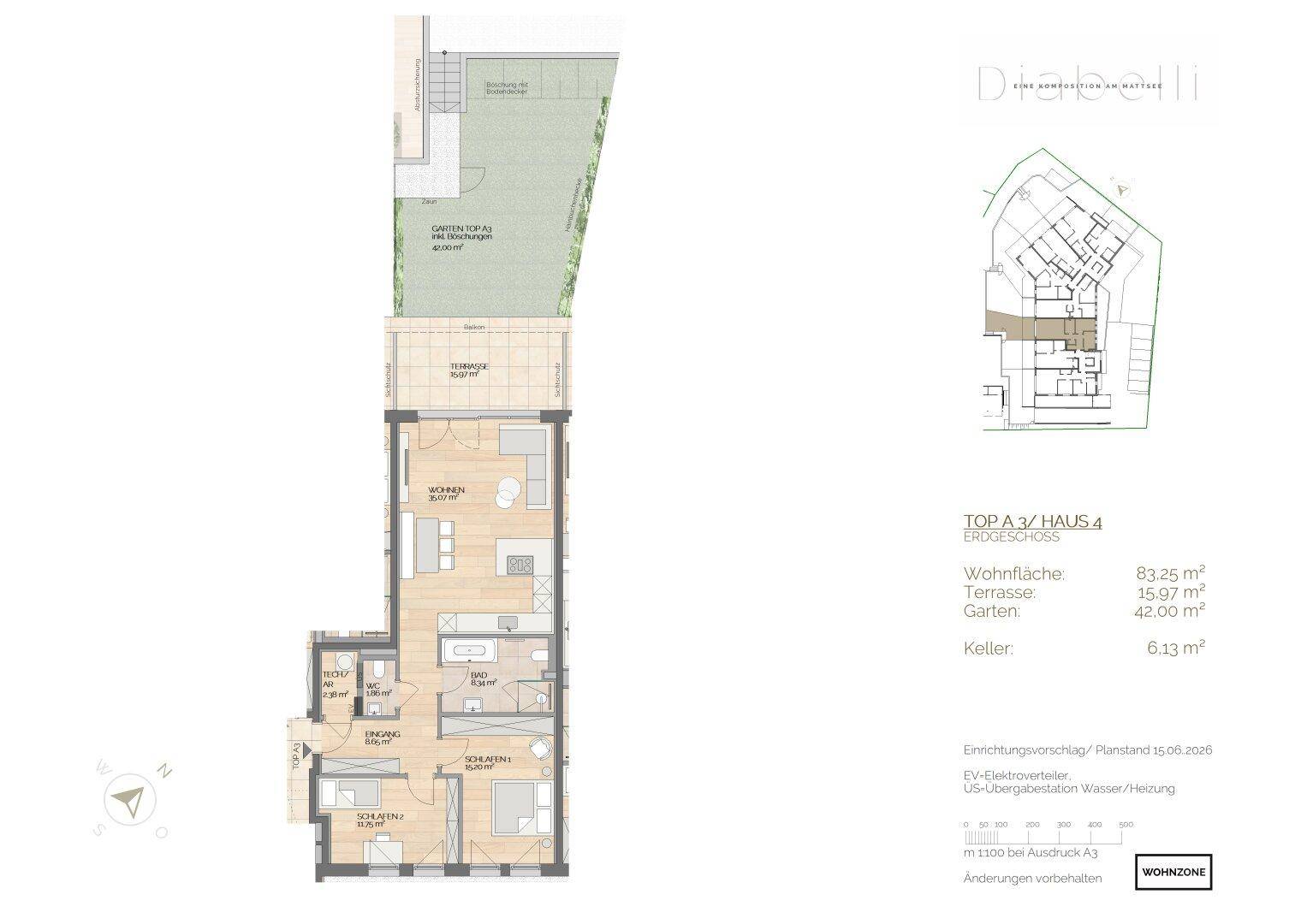 Grundriss einer Erdgeschosswohnung mit offenem Wohnbereich, zwei Schlafzimmern, Terrasse und eigenem Garten.