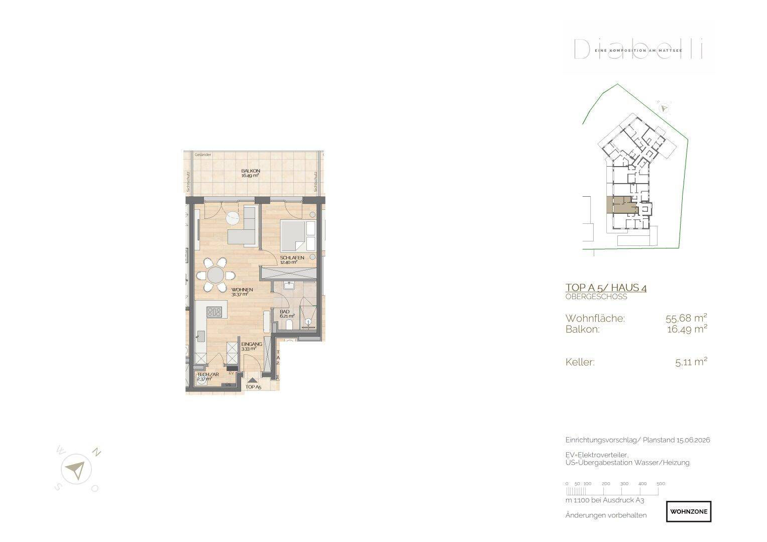 Grundriss einer Wohnung im Obergeschoss mit offenem Wohnbereich, Schlafzimmer, Bad und Balkon.