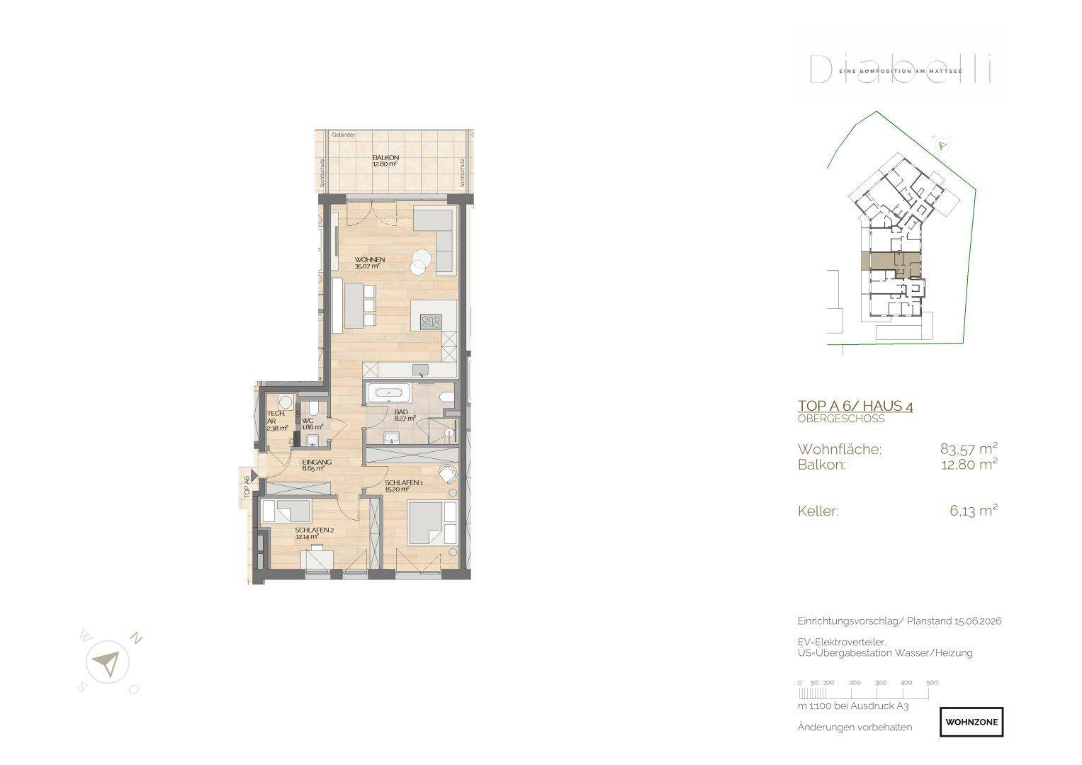Grundriss einer Wohnung mit offenem Wohnbereich, zwei Schlafzimmern, Bad, separatem WC und Balkon.