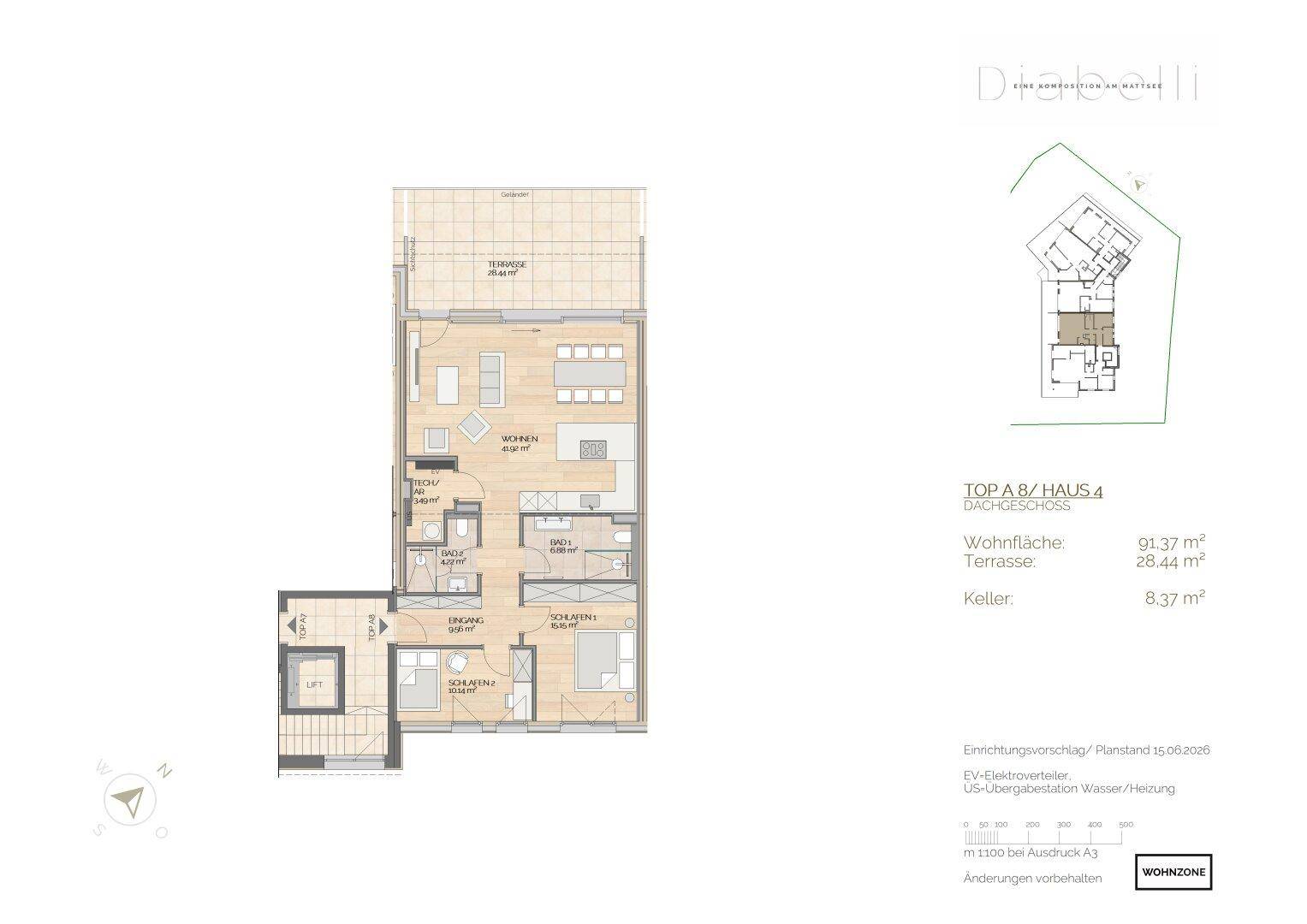Detaillierter Grundriss der Dachgeschosswohnung Top A 8 mit großer Terrasse und Liftzugang.