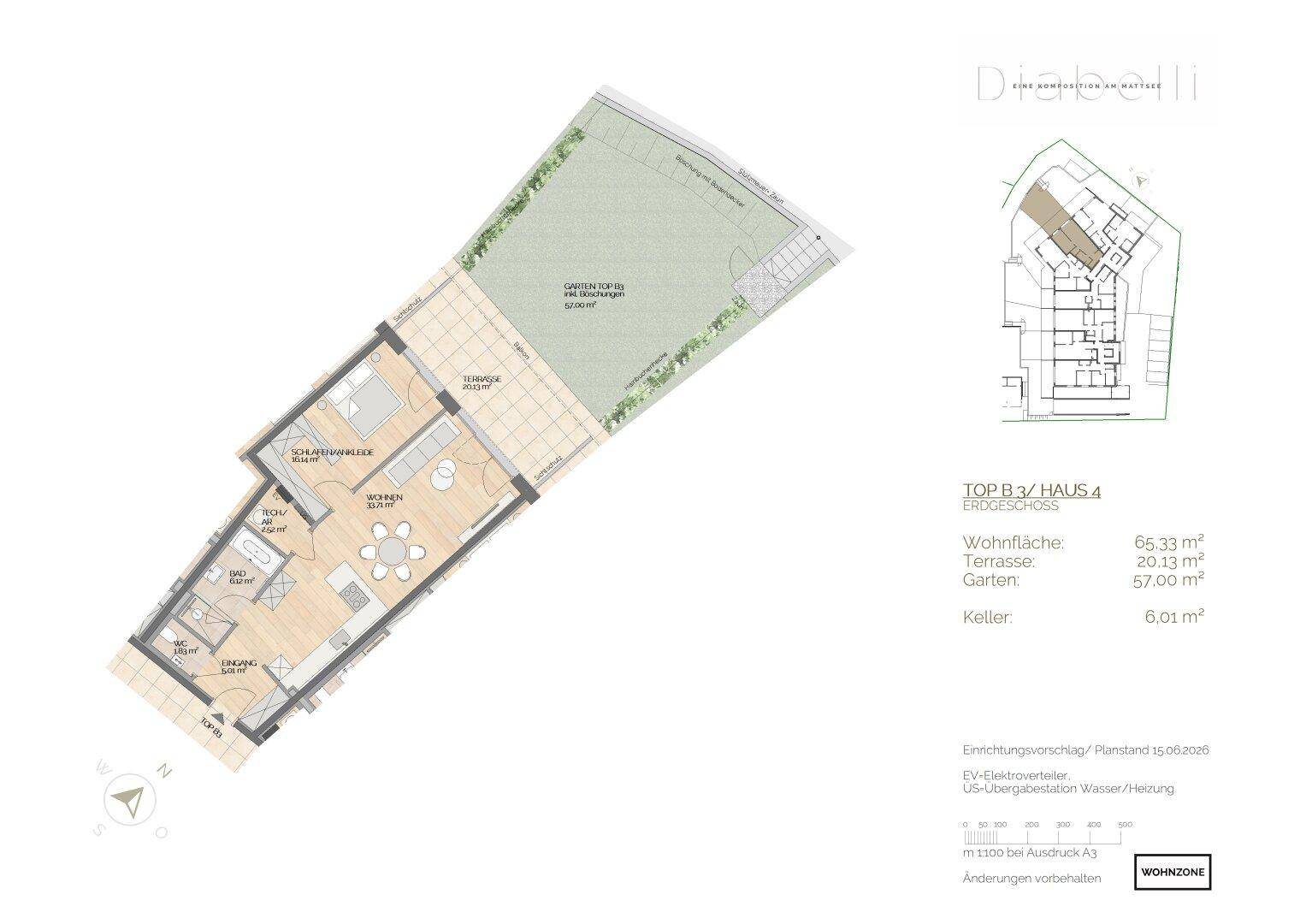 Grundriss einer Erdgeschosswohnung mit offener Wohnküche, Schlafzimmer, Bad, separatem WC, Terrasse und Garten.