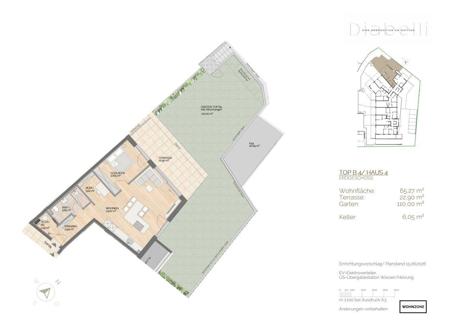 Grundriss einer Erdgeschosswohnung mit offenem Wohnbereich, Schlafzimmer, Büro, Bad, separatem WC, großer Terrasse und Garten.