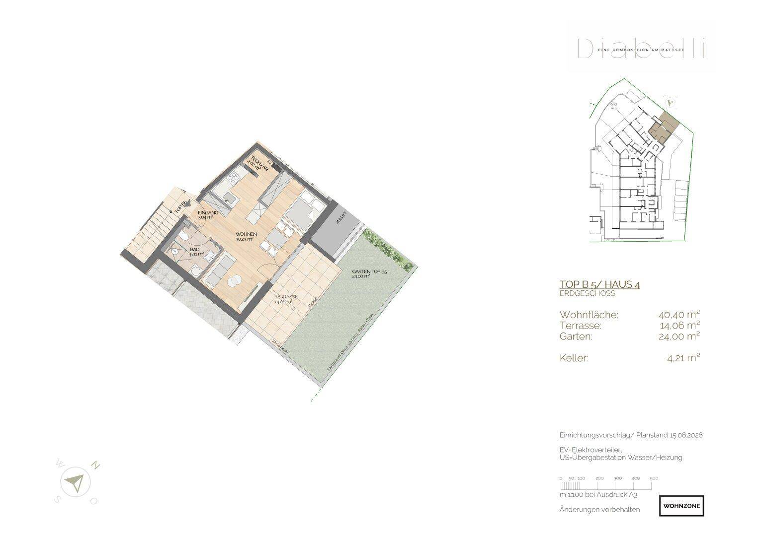 Grundriss des Erdgeschosses mit offenem Wohnbereich, Schlafzimmer, Bad, Terrasse und Garten.