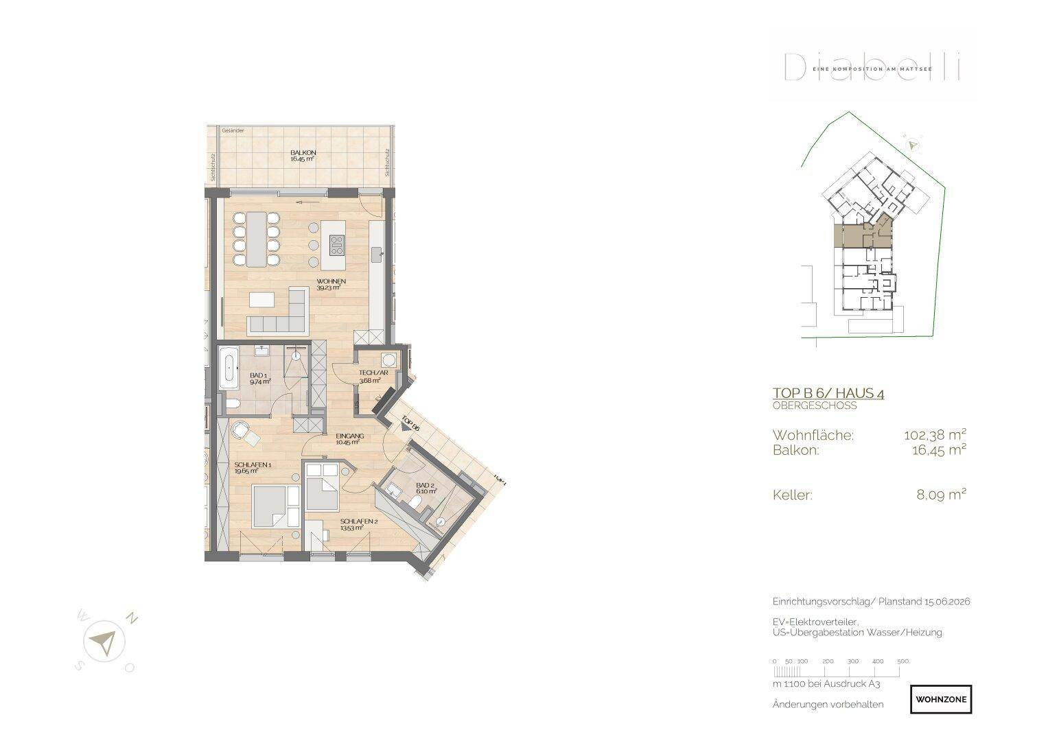 Detaillierter Grundriss einer Obergeschosswohnung mit offenem Wohnbereich, Schlafzimmer und Balkon.
