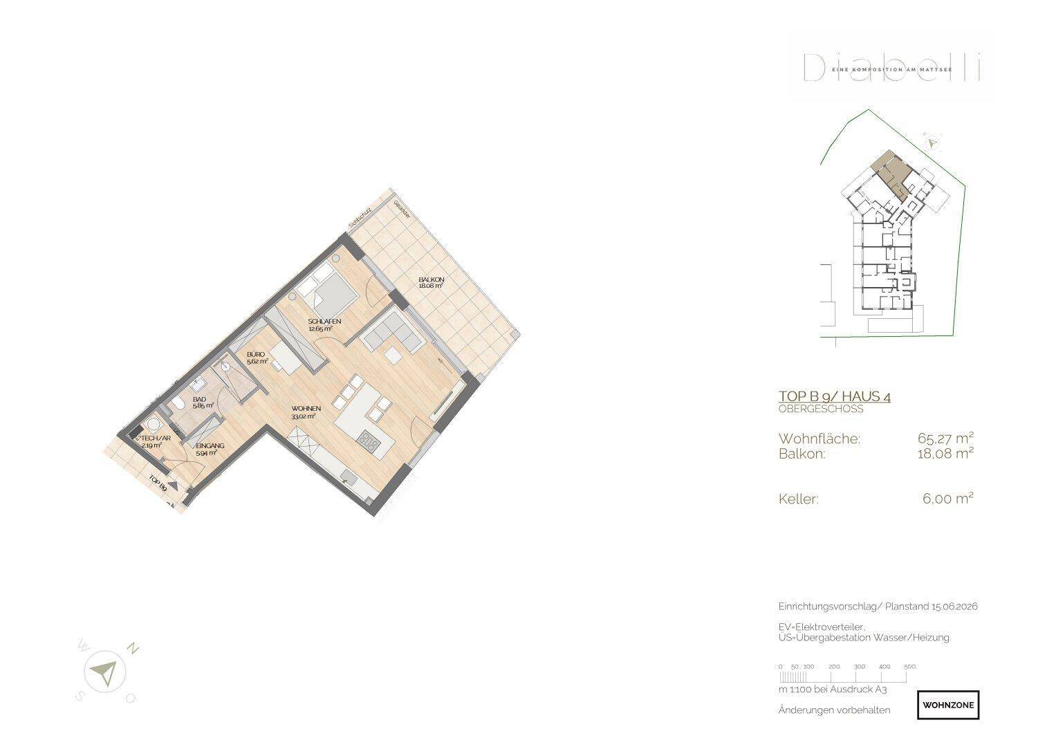 Grundrissplan einer Wohnung mit offenem Wohnbereich, einem Schlafzimmer, Büro und großem Balkon.