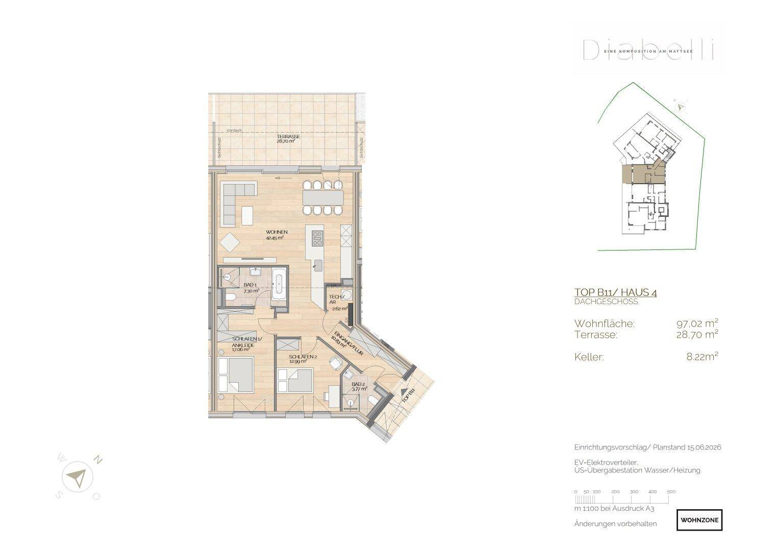 Detaillierter Grundriss einer Dachgeschosswohnung mit offener Küche, zwei Bädern und weitläufiger Terrasse.