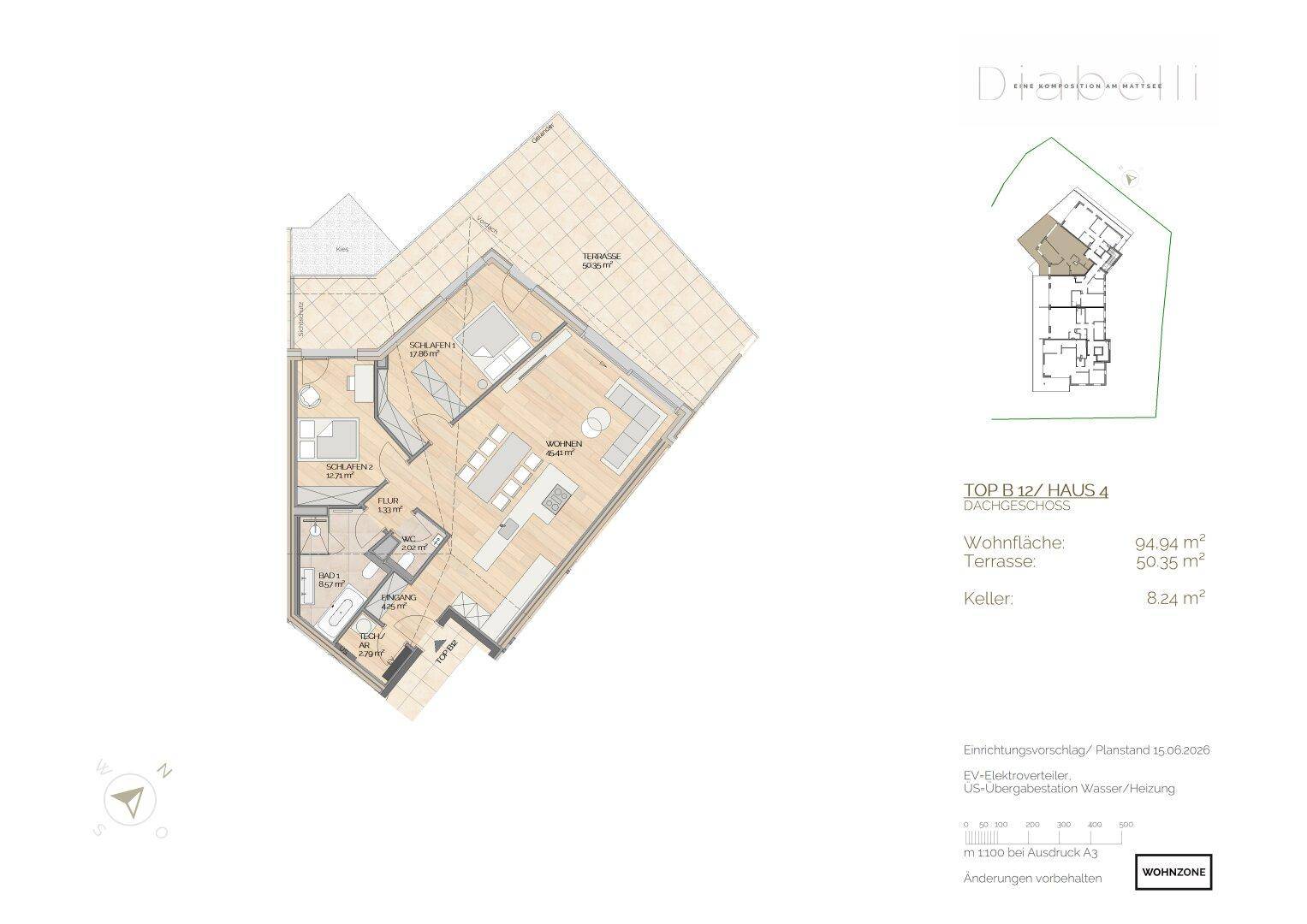 Detaillierter Grundriss einer Dachgeschosswohnung mit offener Küche, zwei Bädern und weitläufiger Terrasse.