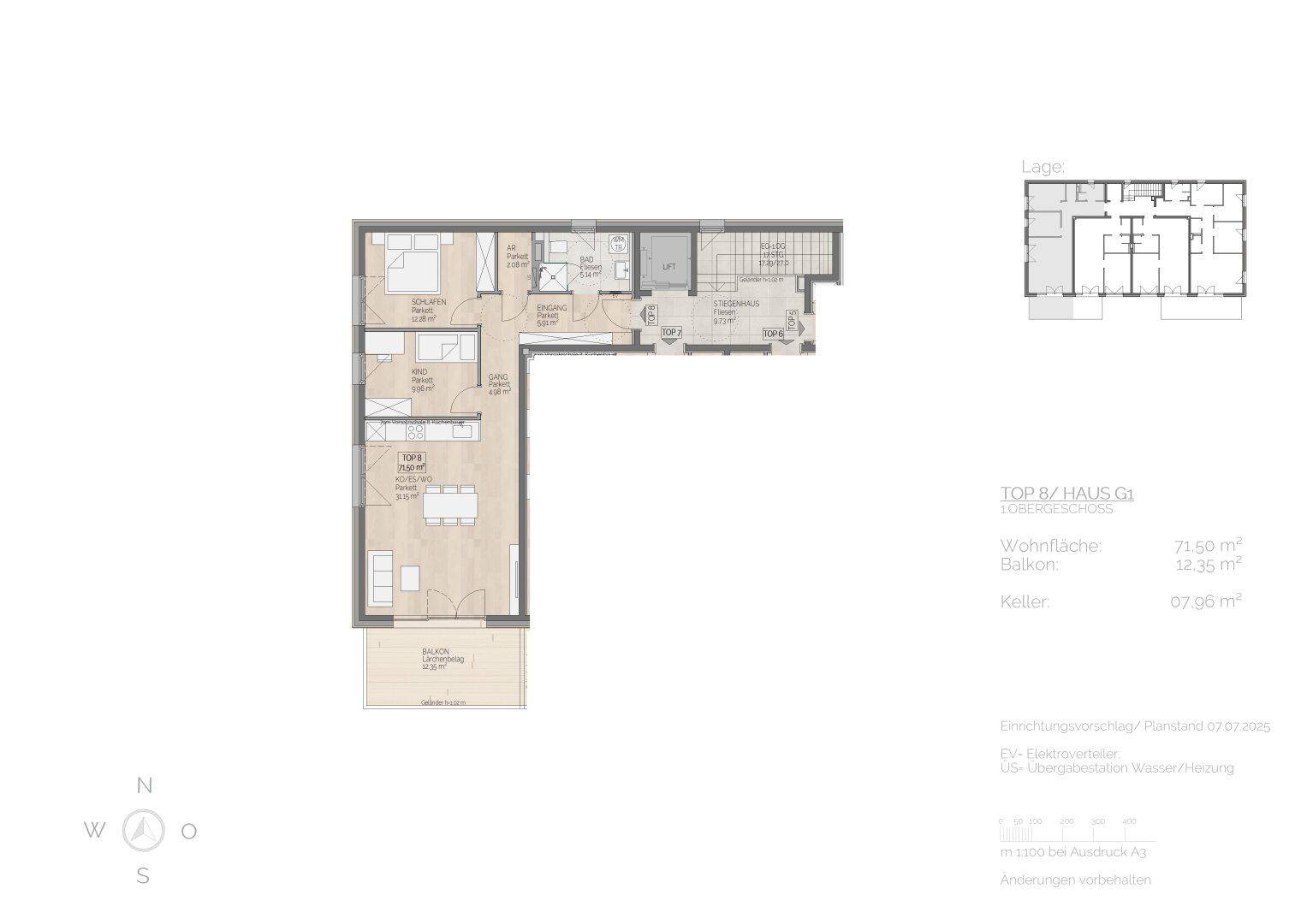 Grundriss einer Wohnung mit offenem Wohnbereich, Balkon und separatem Abstellraum.