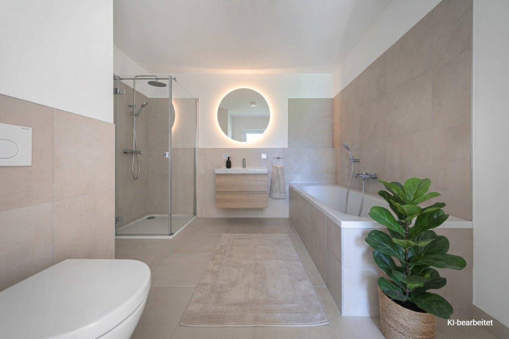 Modernes Badezimmer mit hellbeigen Fliesen, begehbarer Dusche, Badewanne, Waschtisch und beleuchtetem Spiegel.