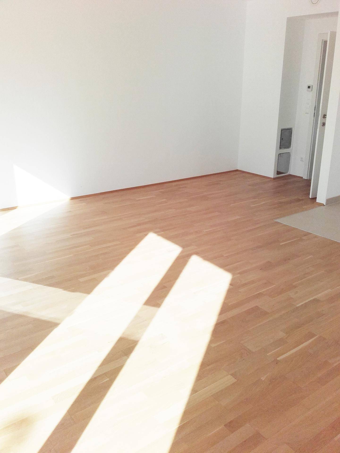 Heller Wohnbereich mit Parkettboden und viel Tageslicht, offen zu einem Flur.