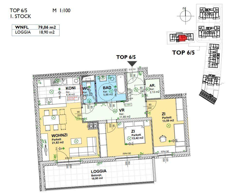 Detaillierter Grundriss der Wohnung mit Loggia und separatem WC.