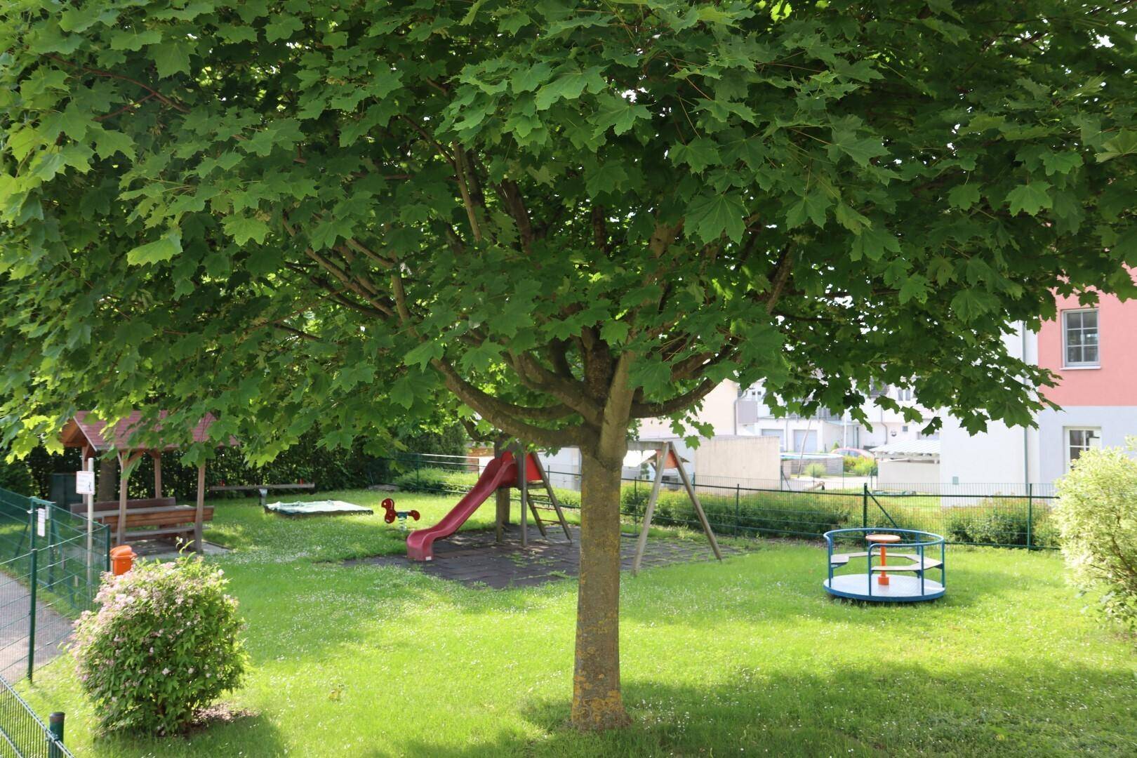 Gemeinschaftlicher Gartenbereich mit Spielplatz, Rutsche und Schaukeln unter einem großen Baum.