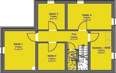 Grundriss des Kellers mit mehreren Kellerräumen, Technikraum und WC.