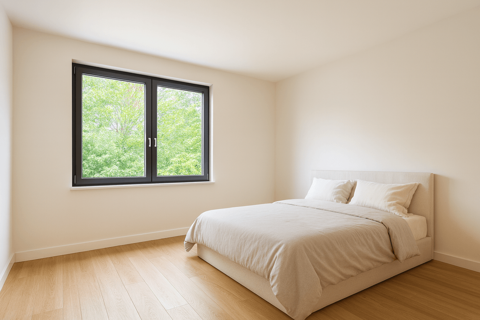 Helles Schlafzimmer mit Holzboden und großem Fenster mit Blick ins Grüne.