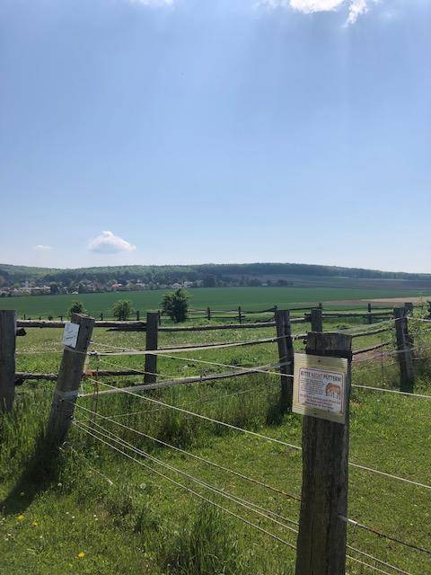 Idyllische ländliche Szene mit weiten Feldern und einem Dorf in der Ferne.
