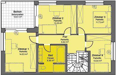Grundriss des Obergeschosses mit vier Zimmern, Bad und Balkon.