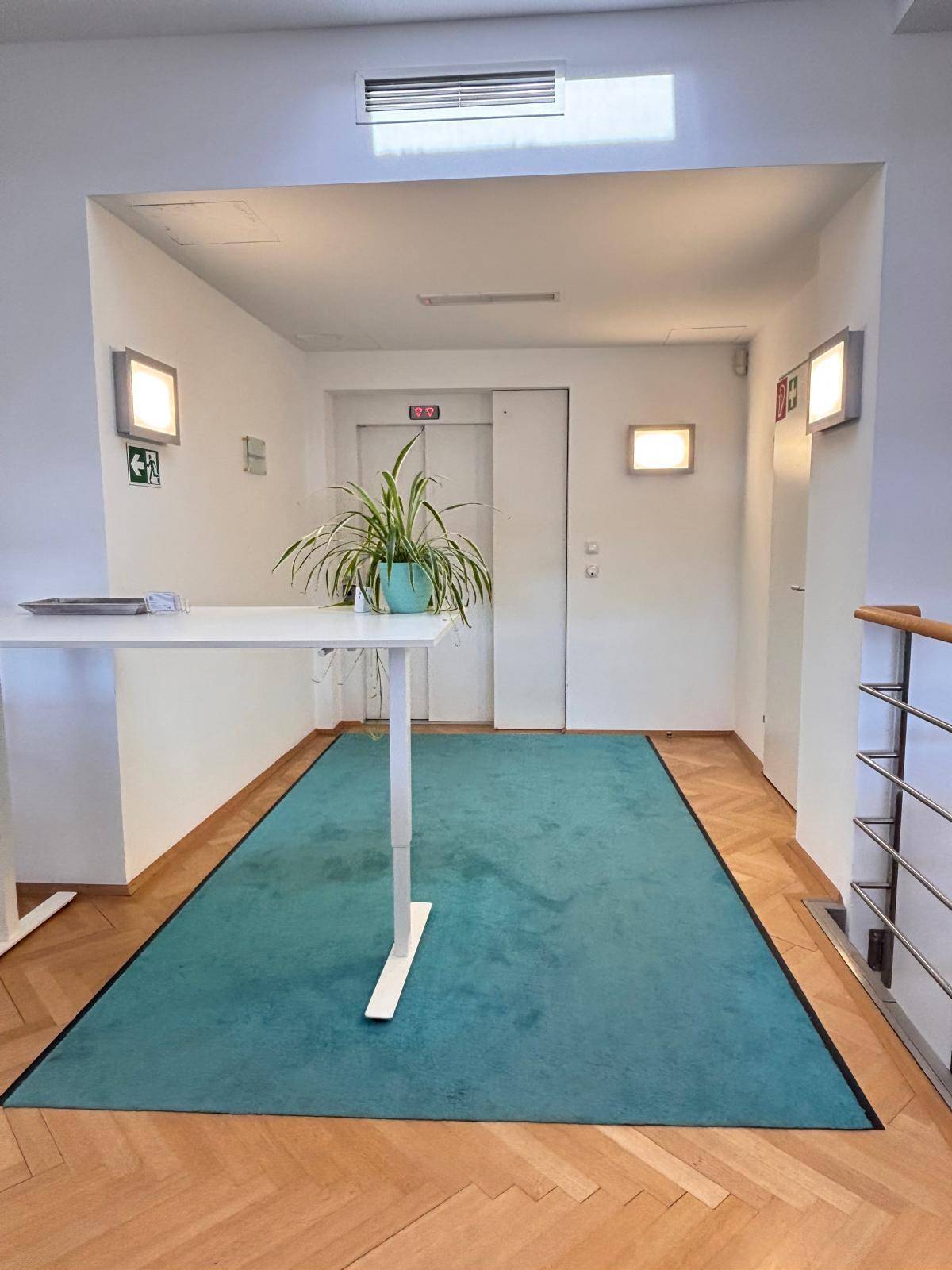 Eingangsbereich mit Teppich, Fischgrätparkett und einem Aufzug im Hintergrund, gut beleuchtet.