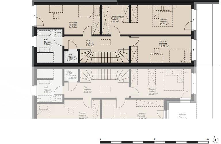 Grundriss des Obergeschosses mit vier Zimmern, zwei Bädern und Balkon.
