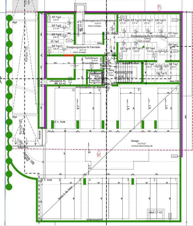 Grundriss des Untergeschosses mit Tiefgarage, Fahrradraum, Abstellräumen und Technikraum.