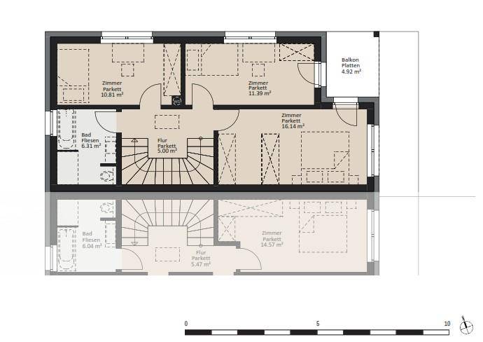 Grundriss des Obergeschosses mit drei Schlafzimmern, zwei Bädern und Balkon.