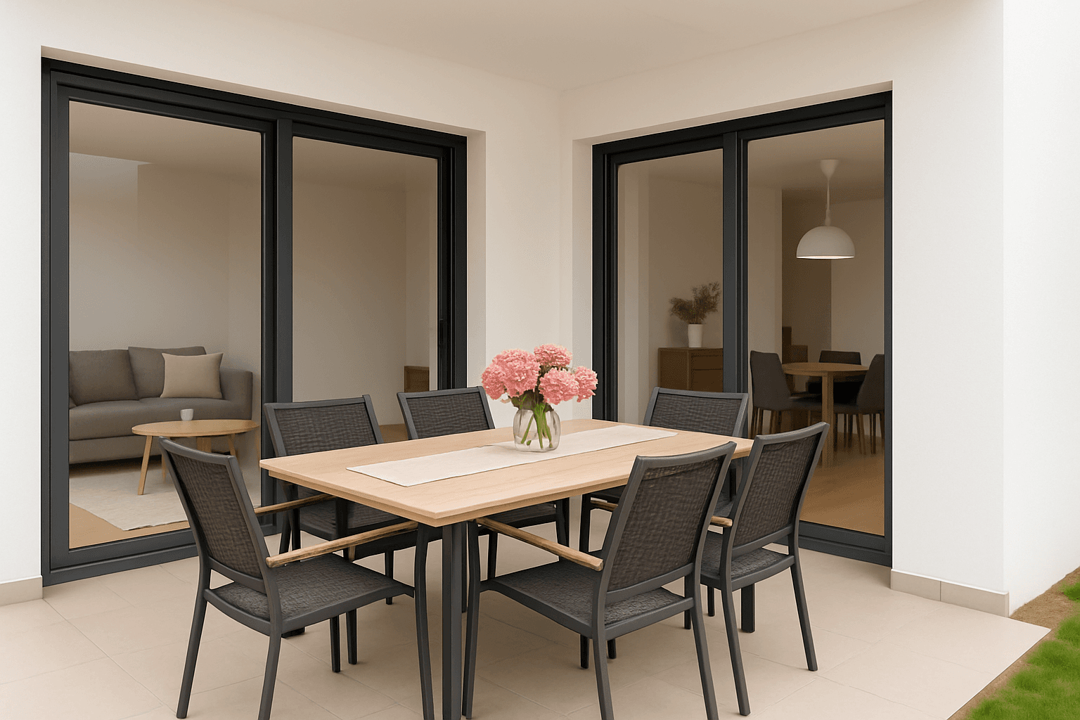 Möblierte Terrasse mit Esstisch und Stühlen, ideal für Mahlzeiten im Freien.