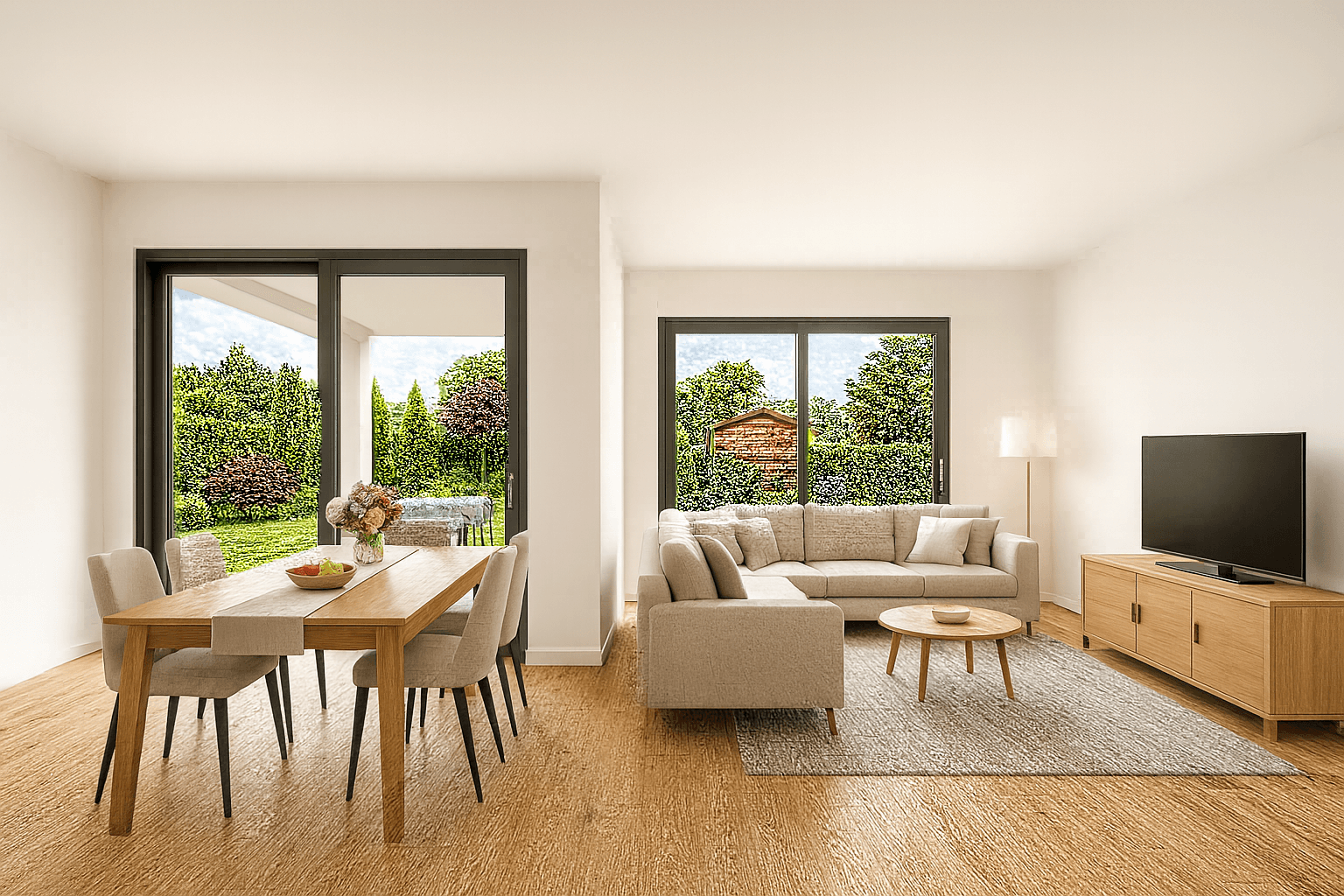 Heller Wohn- und Essbereich mit Holzboden, Blick in den Garten und moderner Einrichtung.