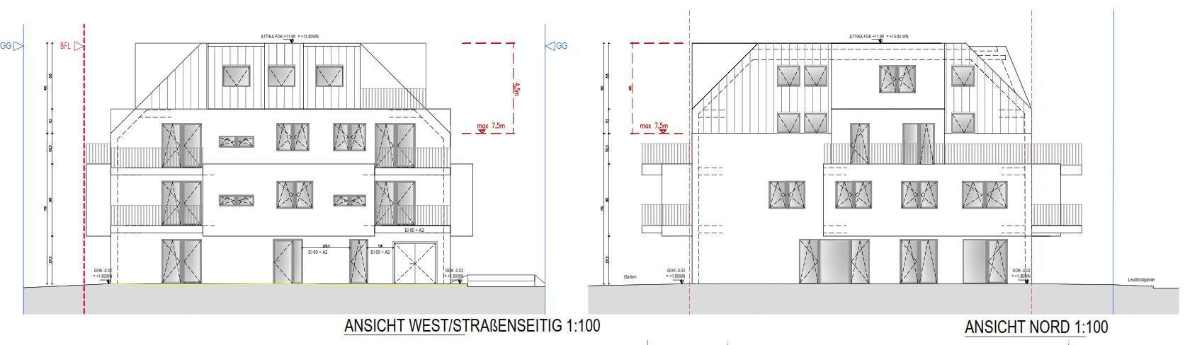 Architektonische Ansichten der West- und Nordfassade des Gebäudes mit Balkonen und Mansarddach.