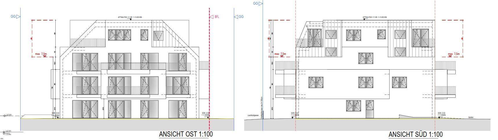 Architektonische Ansichten der Ost- und Südfassade des Gebäudes mit Balkonen und Mansarddach.