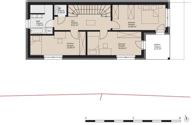 Grundriss des Obergeschosses mit drei Schlafzimmern, Bad und Balkon.
