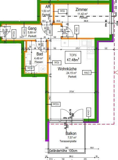 Detaillierter Grundriss einer Wohnung mit offener Wohnküche, Schlafzimmer, Bad und Balkon.