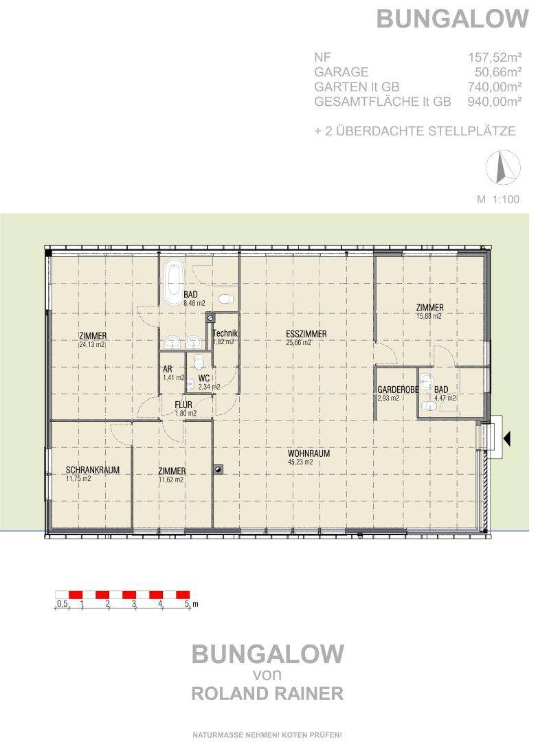 Detaillierter Grundriss eines Bungalows mit Wohnraum, Esszimmer, Schlafzimmern, Bad und WC.