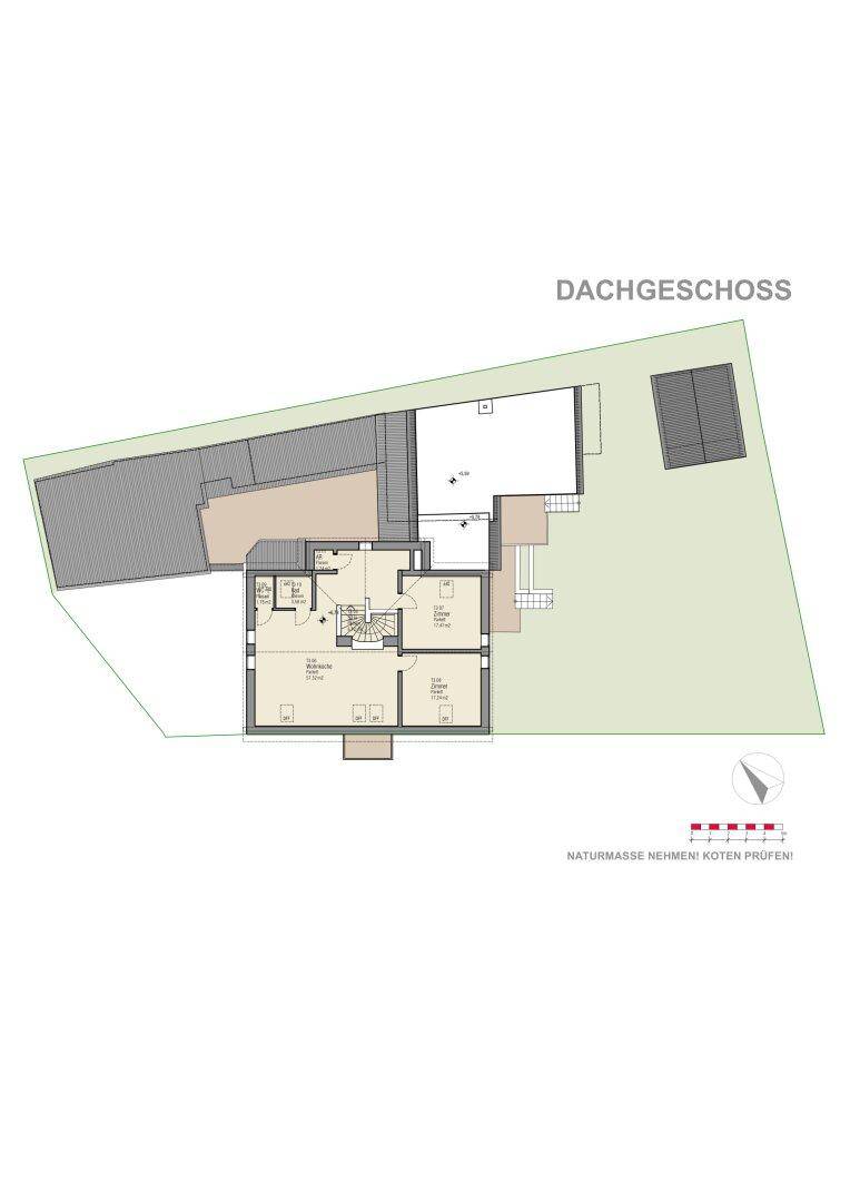 Übersichtlicher Grundriss des Dachgeschosses mit Wohnküche, Schlafzimmer und Badezimmer.