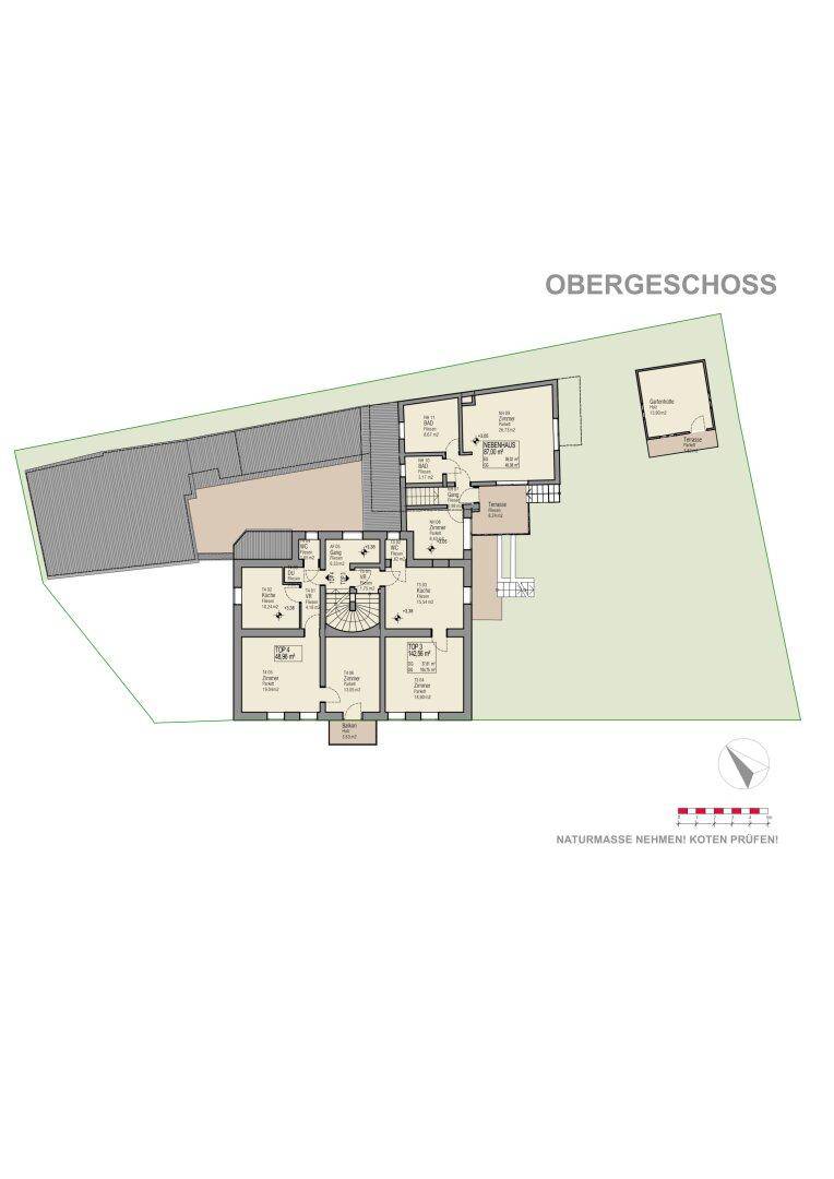 Detaillierter Grundriss des Obergeschosses mit Balkon, Terrasse und verschiedenen Zimmern.