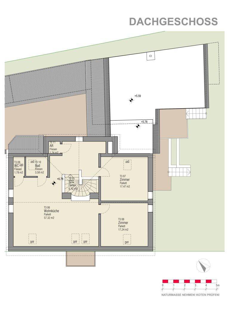 Grundriss des Dachgeschosses mit Wohnküche, Schlafzimmer und Bad.