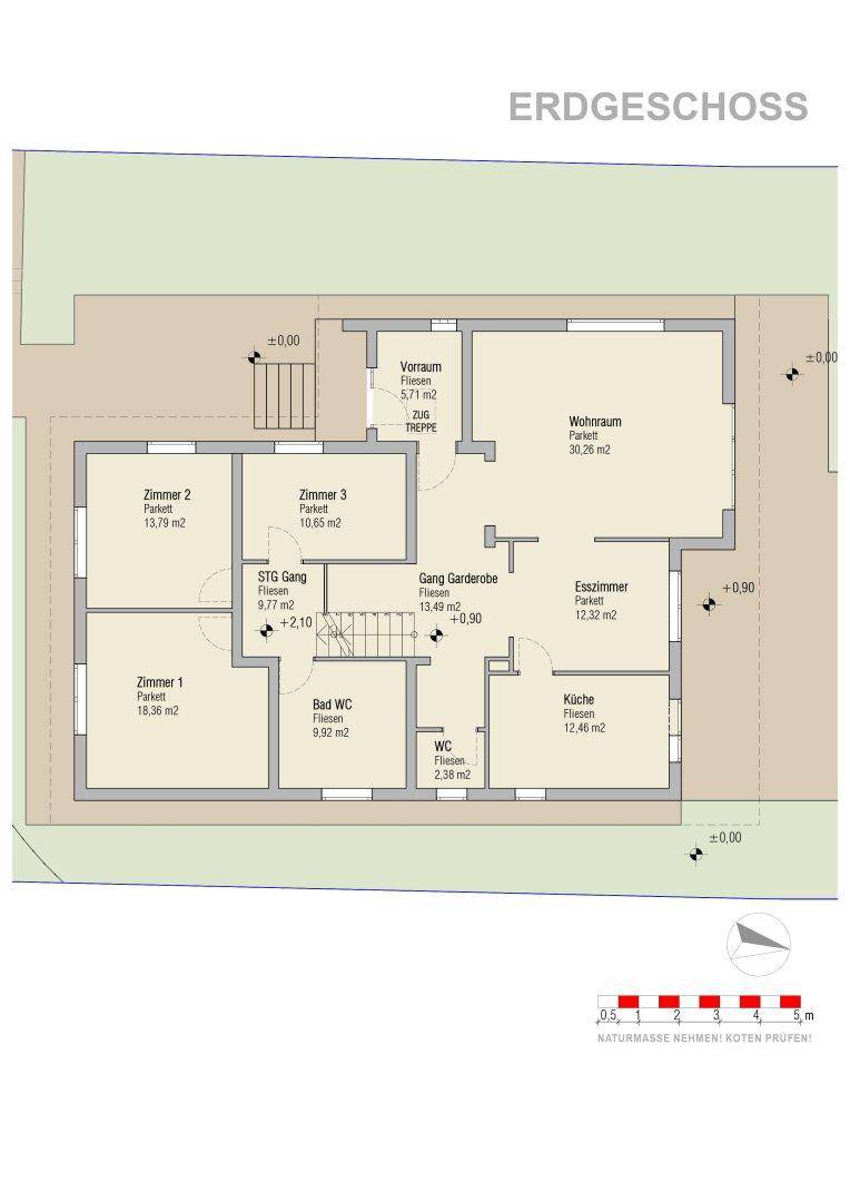 Grundriss des Erdgeschosses mit Wohnraum, Esszimmer, Küche und drei Zimmern.