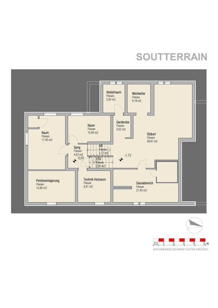 Grundriss des Souterrains mit Abstellraum, Weinkeller und Saunabereich.