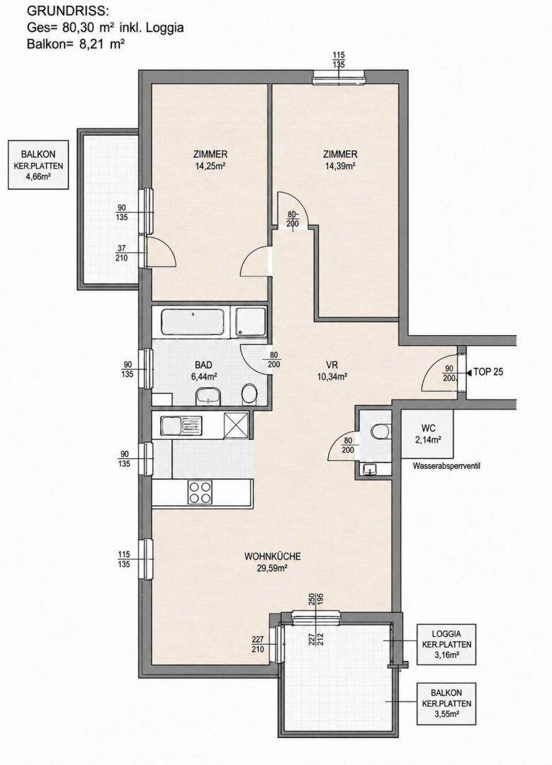 Grundriss einer Wohnung mit zwei Schlafzimmern, einem Bad, separatem WC, offener Wohnküche und zwei Balkonen sowie einer Loggia.