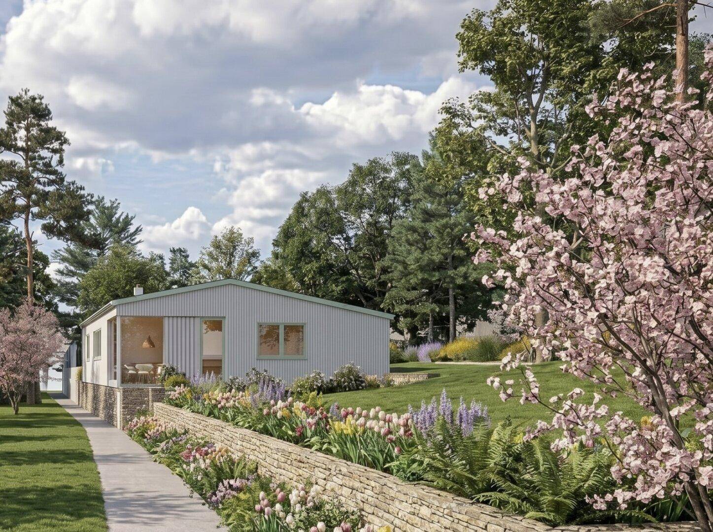 Visualisierung eines Hauses mit blühenden Blumenbeeten und gepflegtem Gartenbereich.