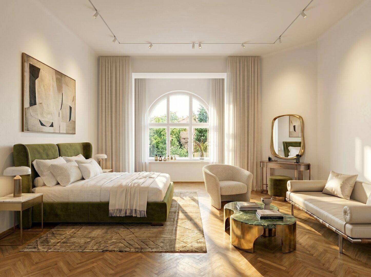Helles Schlafzimmer mit großem Rundbogenfenster, grünem Bett und elegantem Fischgrätparkett.