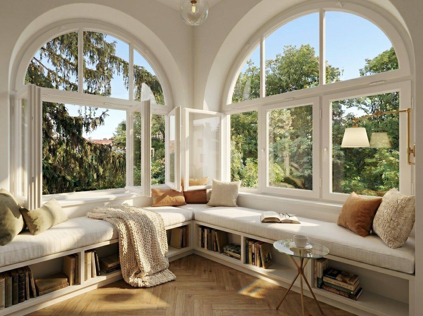 Gemütliche Leseecke mit großen Rundbogenfenstern, eingebauten Sitzbänken und Blick ins Grüne.