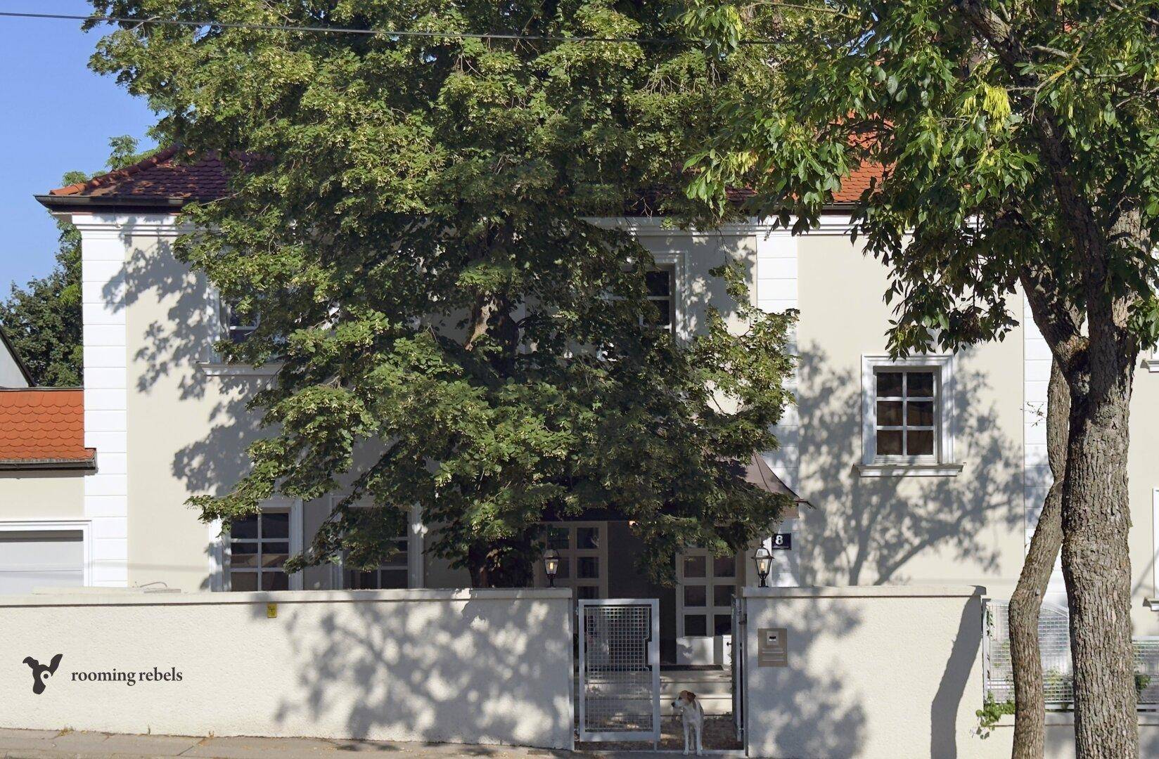 Vorderansicht des Hauses von der Straße aus, umgeben von Bäumen und einem schützenden Zaun.