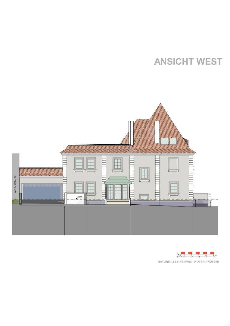 Architektonische Westansicht einer Villa mit Sattel- und Mansarddach sowie großen Fenstern.